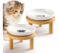 Elevated Cat Bowls, 2 Pack Nonslip Raised Cat Food Dishes or Plates | Food-Grade Ceramic, Wide and Shallow, with Anti-slip Bamboo Stands, Great for Feeding Indoor Cats, Kittens, and Small Dogs