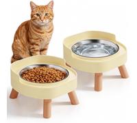 Elevated Cat Bowls, 2P Raised Cat Food and Water Bowl Set for Indoor Cats, Splash Proof with 2 Stainless Steel Pet Food Bowls for Cats ＆ Puppies, Whisker Friendly and Dishwasher Safe - Yellow