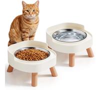 Elevated Cat Bowls, 2P Raised Cat Food and Water Bowl Set for Indoor Cats, Splash Proof with 2 Stainless Steel Pet Food Bowls for Cats ＆ Puppies, Whisker Friendly and Dishwasher Safe - White