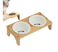 Elevated Cat Bowls - Ceremic Pet Raised Food Bowl | Double Tall Ceramic Dish, Spill-Proof Non-Slip Wooden Base For Kitten Puppy Dogs Eating Drinking Apartment City Living Travel