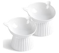 Elevated Cat Bowls, Raised Tilted Ceramic Food & Water Dishes for Cats & Kittens, Anti-Vomiting & Whisker Friendly (2pcs White)