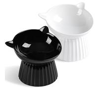 Elevated Cat Bowls, Raised Tilted Ceramic Food & Water Dishes for Cats & Kittens, Anti-Vomiting & Whisker Friendly (White+Black)