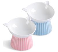 Elevated Cat Bowls, Raised Tilted Ceramic Food & Water Dishes for Cats & Kittens, Anti-Vomiting & Whisker Friendly (Pink+Blue)