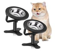 Elevated Cat Bowls with Adjustable Stand,15° Tilted Stainless Steel Non-Slip Feeder for Indoor Cats (2-Pack, Black)