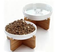 Elevated Cat Bowls with Bamboo Stand, 6.1 Inch Extra Wide Ceramic Raised Cat Bowl Whisker Friendly, 2 Pack Pet Food and Water Plates Cats Dish for Indoor Cats Kitten Puppies