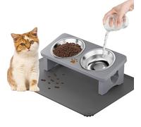 Elevated Cat Bowls with Silicone Mat, 15° Tilted Solid Wood Stand, Raised Stainless Steel Food & Water Dishes for Cats and Small Dogs, Anti-Vomiting Design(Grey)