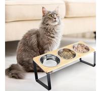 Elevated Cat Bowls with Tilted Stand, 5.5 in Wide Double Dish, Ceramic Pet Feeding Station (with 3 Stainless Steel Bowls)