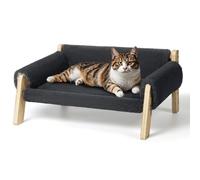 Elevated Cat Couch Bed for Indoor Cats - Wooden Pet Sofa with Removable Washable Thick Cover Raised Kitty Lounge Chair Suitable for Puppy or Small Animals(Cat Sofa Dark-Grey)