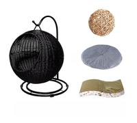 Elevated Cat House Hammock, Woven Cat House with Removable Cushion & Hanging Ball and Cats Scratching Post, Plastic Rattan Pet Bed for Dogs & Cats(Black)