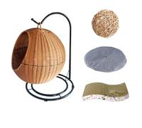 Elevated Cat House Hammock, Woven Cat House with Removable Cushion & Hanging Ball and Cats Scratching Post, Plastic Rattan Pet Bed for Dogs & Cats(Brown)