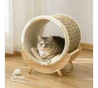 PawHut Raised Kitten Bed Pet Shelter w/ Scratcher Cushion, Beige