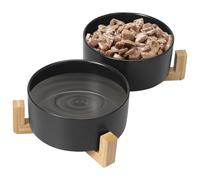 Elevated Ceramic Dog Bowl Set - Double Raised Dog Bowls with Wood Stand for Small and Medium Dogs - Dog Food and Water Bowl Set - Microwave and Dishwasher Safe - 850ml - 28.74 OZ (Black)