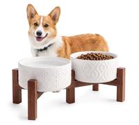 Elevated Ceramic Dog Bowls with Non-Slip Acacia Wood Stand, 3.2 Cups | 6.1" Embossed Eclectic Dog Dishes, Rised Water Bowl for Small and Medium Breeds, Microwave & Dishwasher Safe, 720 ML