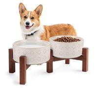 Elevated Ceramic Dog Bowls with Non-Slip Acacia Wood Stand, 3.2 Cups | 6.1" Vintage Embossed Fireworks Dog Dishes, Rised Water Bowl for Small and Medium Breeds, Microwave & Dishwasher Safe, 720 ML