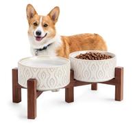 Elevated Ceramic Dog Bowls with Non-Slip Acacia Wood Stand, 3.2 Cups | 6.1" Vintage Embossed Rhombus Dog Dishes, Rised Water Bowl for Small and Medium Breeds, Microwave & Dishwasher Safe, 720 ML