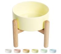 Elevated Ceramic Dog Food Bowl - Raised Feeding Bowl with Wooden Stand - Pet Dish for Small and Medium Dogs - Candy Colors - 2 Cups / 27 fl oz / 800 ml - Yellow