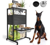 Elevated Dog Bowls: Height Adjustable Raised Dog Stand (4.5'' to 12'') 2 * 1700ml Stainless Steel Bowls + Slow Feeder, Feeding Station w/Storage Organizer & Toy Basket for Medium/Large Breeds