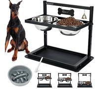 Elevated Dog Bowls with Slow Feeder,Raised Dog Bowls for Large Dogs Adjusable Height with 2 Stainless Steel Dog Food Bowls Spill Proof Mat, Dog Bowls for Large Medium Dogs and Cats.(Grey)