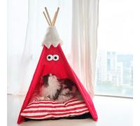 Elevated Dog Tent, Small Dog Bed with Pad, Portable Wooden Cat Tunnel and House, Dog Beds for Indoor Pets, Comfortable Home for Cats and Small Dogs (red, M)