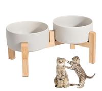 Elevated Double Ceramic Cat Bowls 400ML Raised Cat Feeder Bowl Small Pets Stylish Feeding Bowls with Elevated Wooden Stand, for Cats and Small Pets Eating Food & Drinking Water Anti Vomit Grey