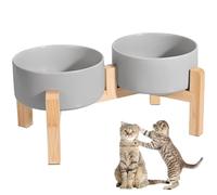 Elevated Double Ceramic Dog Bowl Cat Bowls 400ML Raised Cat Feeder Bowl | Small Pets Feeding Bowls with Elevated Wooden Stand, for Cats and Small Pets Eating Food & Drinking Water Anti Vomit Grey
