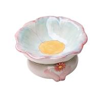 Elevated Feline Feeder - Spit Up Prevention Porcelain Dish, Pretty Bloom Design Slip-Resistant, Angled Minimal Depth Kitty Bowl, House Pet Feeding Station | Comfortable Food Water for Kittens