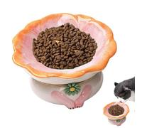 Elevated Feline Feeder - Spit Up Prevention Porcelain Dish, Pretty Bloom Design Slip-Resistant, Angled Minimal Depth Kitty Bowl, House Pet Feeding Station | Comfortable Food Water for Kittens