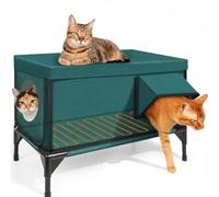 Elevated Heated Cat House, Insulated Outdoor Cat Shelter with Two Exits & Weatherproof Design, Safe Escape Door with Magnetic Lock for Feral Barn Cats(Malachite green,L)