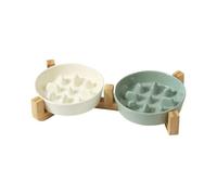 Elevated Multi Cat Ceramic Bowls Set With 2 Slow Feeders,Anti-Choke Cats Bowls with Bamboo Stand, Non-Slip Pet Feeding Bowls for MultiSmall Dogs Cats (1 White Slow & 1Green Slow, 2 Slow bowls)