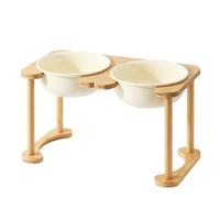 Elevated Pet Dining Table with Wooden Stand, Ceramic Bowls, Non-Slip Design, Easy to Clean, Perfect for Dogs and Cats, Single/Double Bowl Options
