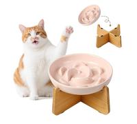 Elevated Slow Feeder Cat Bowl - Ceramic Cat Food Dish with Anti-Slip Bamboo Stand - Whisker Friendly Feeding Bowl - Raised Maze Plate for Slow Down Eating - Light Pink