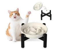 Elevated Slow Feeder Cat Bowl - Ceramic Cat Food Dish with Anti-Slip Stainless Steel Stand - Raised Maze Plate for Slow Eating - Ivory White
