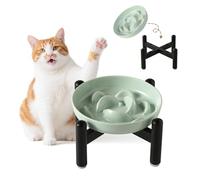 Elevated Slow Feeder Cat Bowl - Melamine Cat Food Plate with Anti-Slip Metal Stand - Raised Maze Dish for Slow Eating - Mint Green