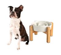 Elevated Slow Feeder Dog Bowl - Ceramic Maze Food Dish with Bamboo Stand - Raised Feeding Bowl for Fast Eaters - Ideal for Small and Medium Dogs - Milky white - 6.7 inch