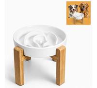 Elevated Slow Feeder Dog Bowl - Upgraded with Screwed Bamboo Stand - Ceramic Maze Dish for Fast Eaters - Raised Feeding Bowl for Medium and Large Dogs - White