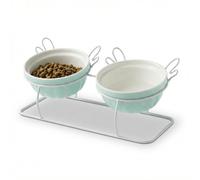 Elevated Tilted Cat Bowls with Metal Stand, Raised Ceramic Food and Water Bowls, Double Removable Dishes with Cute Wing Design, 15° Tilted Anti-Vomiting Pet Feeder, Non-Slip for Indoor Cats (Green)