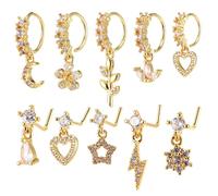ElevateTech Dangle Nose Ring Hoop, 10 Pcs Dangling Nose Stud L Shaped Noses Rings for Women 20G Dangle Noses Piercing Jewellery with Flower Star Butterfly Moon Leaf Heart Charm, Gold