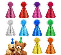 ElevateTech Mini Party Hats for Stuffed Animals, 10 Pcs Small Birthday Hats for Cat Dog Animals Figures Toys Colorful Glitter Cones Birthday Party Hat with Pom Poms for Dolls Pets Costume Accessories