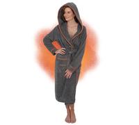 ELEVAVIDA Women's Bathrobe with Hood Made of Cuddly Cotton - Extra Soft and Comfortable - Terry Towelling Sauna Bathrobe Long - Oeko-Tex Certified, Dolphin Grey Orange, L