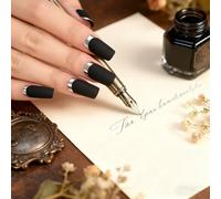 Elevenail Matte Black Silver Metallic French Nail Press Half Length Salon Square Manicure Reusable Acrylic Christmas Nail Art Tips with Gelatin Glue Tabs Nail Files