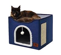 Elevon Cat Beds for Indoor Cats, Foldable Cat House Suitable for All Seasons, Cat Cube Apartment with Cat Scratch Board and Reversible Cushion, Suitable for Multi Small Pet Under 20 lbs, Blue