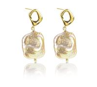 ELEXIS 18k Gold Big Square Baroque Pearl Earrings For Women Drop Handmade Trendy Comfy Real Freshwater Pearls Aesthetic Dangle Earrings Engaged Wedding Bridesmaid Hanging Jewelry Gift For Mom, L,