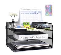 Elezeal 3 Tier Metal Paper Organiser, Pull-out Mesh Desk Letter Tray Organizer with Handle, Durable Multi-Functional A4 Paper Tray Office Filing Storage Rack for A4 File,Home Office Supplies