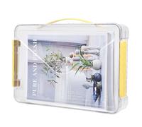 Elezeal Clear Storage Boxes with Lid - A4 Transparent Paper Storage Organiser with Handle and Portable Project Case Organizer for Storing Certificates, Scrapbook, Toys, and Invoices (Yellow Handle)
