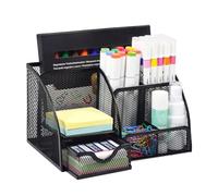 Elezeal Metal Desk Organiser, Mesh Desk Tidy Drawer Pen Holder with 7 Compartments, Versatile Study Stationery Storage with 1 Drawer, Durable Desktop Caddy for Pens, Pencils, Clips