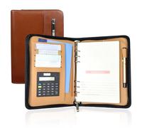 Elezeal PU Leather Conference Portfolio Folder Loose Leaf A5 Binder Ring Binder Personal Work Padfolio with Calculator, Zipper Pocket and Refillable Pages, Business Notebook Zipped Organiser (Brown)