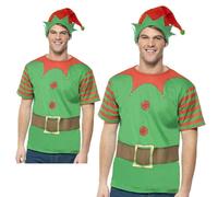Smiffys Elf Instant Kit, Green with T-Shirt & Hat, Christmas Adult Fancy Dress, Elf Dress Up Costumes