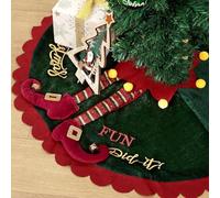 Elf Christmas Tree Skirts, Green Red Elf Christmas Tree Skirt Decorations, Velvet Christmas Tree Mat Cover with Elf Legs Ripple Trim, New Year Home Xmas Tree Skirt Indoor Outdoor Decorations (60cm)