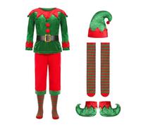 Elf Costume For Children Couple Christmas Elfs Outfit Cosplay Holiday Costumes Dress Teens Red Striped Stockings Woodland Gnomes Elves Carnival Theme Parties (c#Green,7-9 Years)