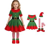 Elf Costume Girls Kids Elf Santa's Little Helper Christmas Fancy Dress Party Costume Cosplay Christmas Holiday Outfits Funny Fancy Elves Costumes for Kids Hat + Dress + Stockings + Belt